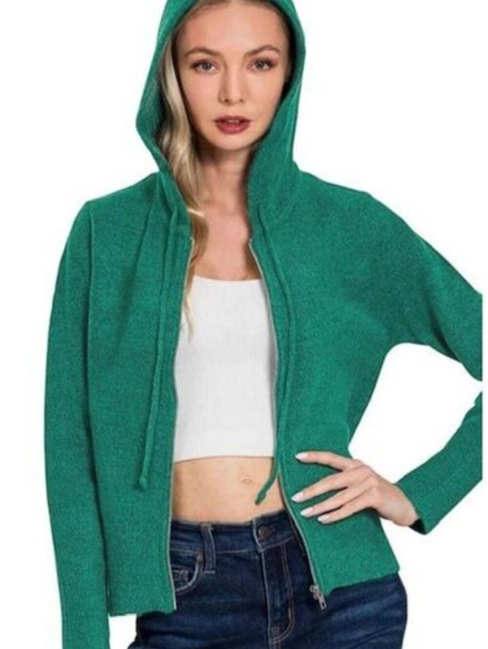 Zenana Outfitters Hacci Emerald Green Hooded Zip Up